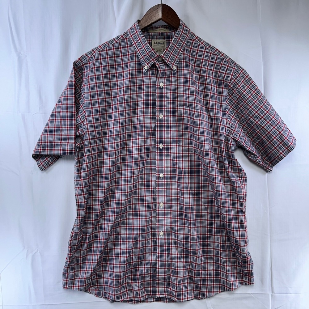L.L. Bean Button Down Shirt Mens Large Red Navy Plaid Wrinkle Resistant 275580